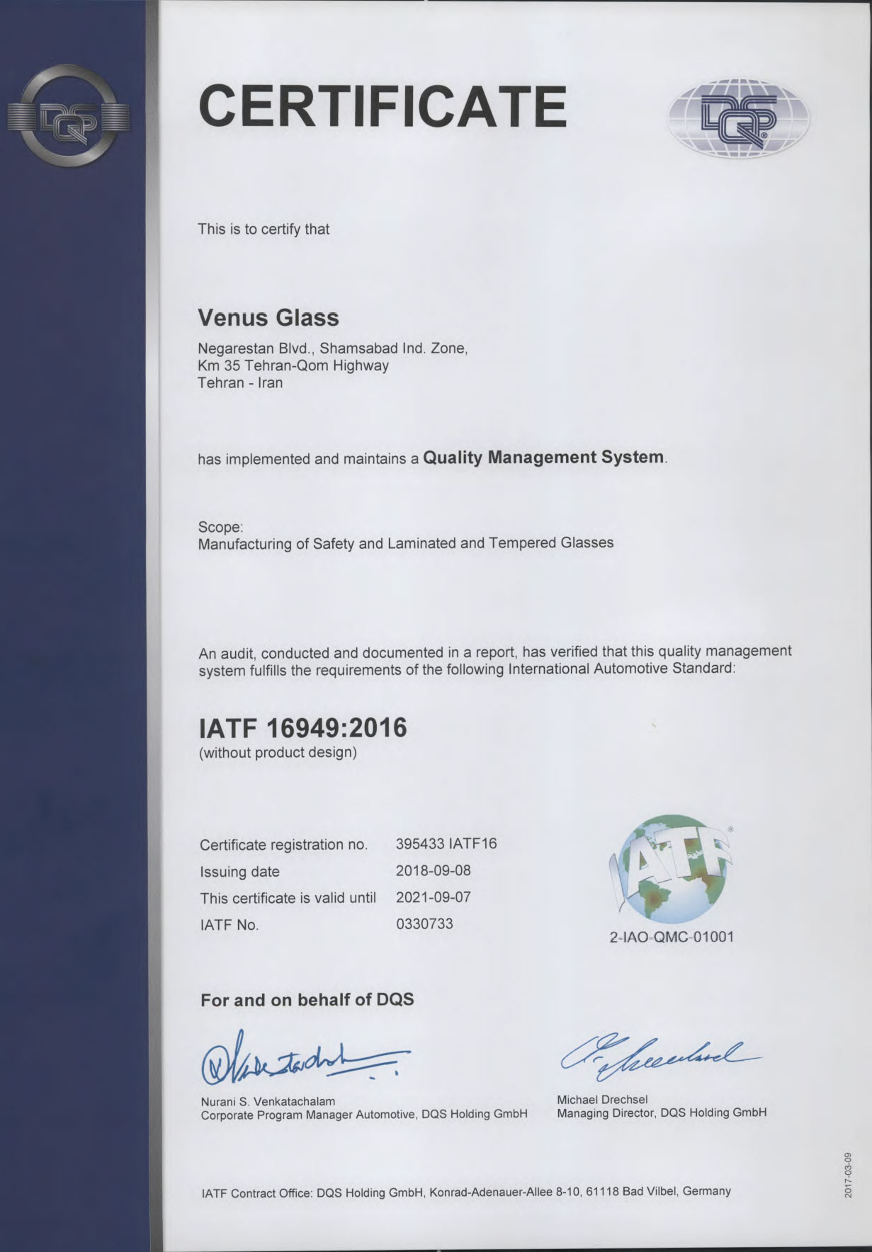 IATF 16949 2016-2018 Certificate automobile